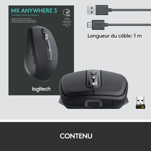 Logitech MX Anywhere 3, rechts, RF Wireless + Bluetooth, 4000 DPI, Graphit