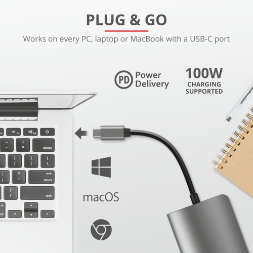 Trust Dalyx USB-Typ C Docking Station für Monitor, Tablet, Notebook - 100 W - 2 x USB-Anschlüsse - USB Typ C - Netzwerk (R