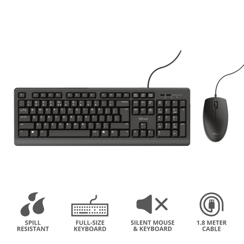 Trust Primo Tastatur & Maus - Deutsch - Tastatur, Kabel USB, Schwarz - Maus, Kabel, USB, Schwarz - Beidhändig - kompatibel