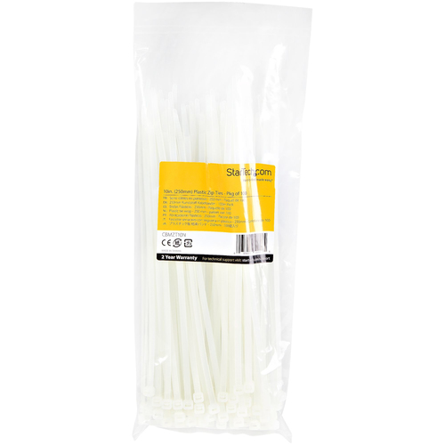 StarTech.com 100 Pack 10" Cable Ties - White Extra Large Nylon/Plastic Zip Ties Adjustable Network Cable Wraps UL TAA - Ca