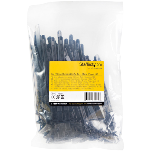 StarTech.com 100 Pack 6" Reusable Cable Ties - Black Medium Releasable Nylon/Plastic Zip Ties Resealable Adjustable Networ
