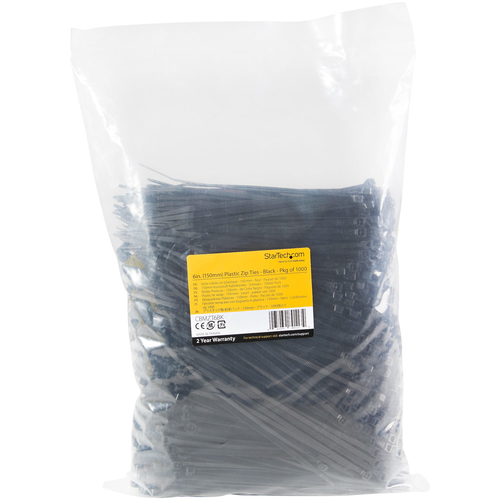 StarTech.com 1000 Pack 6" Cable Ties - Black Medium Nylon/Plastic Zip Ties Adjustable Network Cable Wraps UL TAA - Cable T