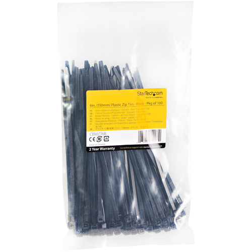 StarTech.com 100 Pack 6" Cable Ties - Black Medium Nylon/Plastic Zip Ties Adjustable Network Cable Wraps UL TAA - Cable Ti