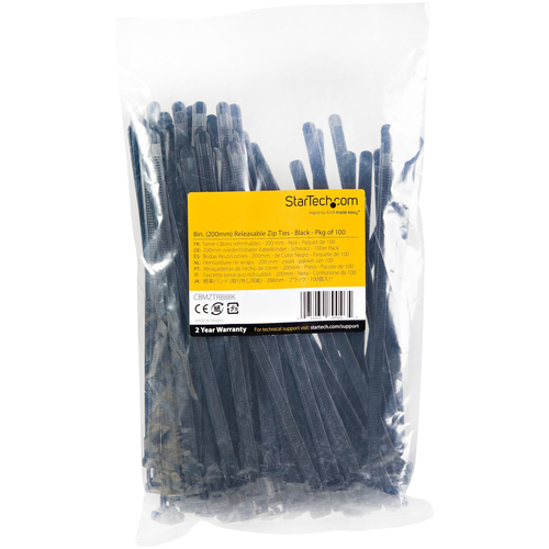 StarTech.com 100 Pack 8" Reusable Cable Ties - Black Large Releasable Nylon/Plastic Zip Ties Resealable Adjustable Network