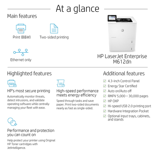 Imprimante laser Bureau HP LaserJet Enterprise M612dn - Monochrome - Impression 71 ppm Mono - 1200 x 1200 dpi - Recto/Vers