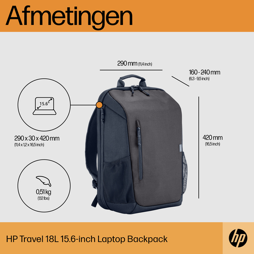 HP Travel 18 Liter 15.6 Iron Grey Laptop Backpack. Case type: Backpack, Maximum screen size: 39.6 cm (15.6"). Weight: 510 g