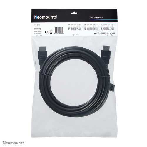 Neomounts HDMI15MM HDMI cable - 5 metres. Cable length: 5 m, Connector 1: HDMI Type A (Standard), Connector 1 gender: Male
