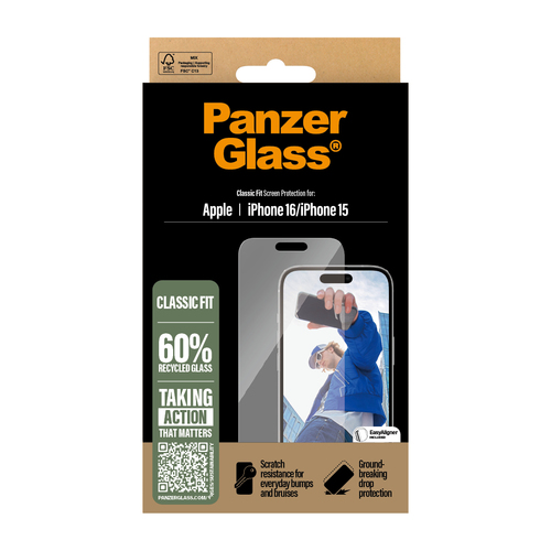 PanzerGlass Classic Fit Screen Protector for iPhone 16, iPhone 15 - For OLED iPhone 16, iPhone 15 - Scratch Resistant, Sho