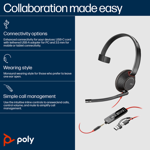 HP Poly Blackwire 5210 Monaural USB-C Headset +3.5mm Plug +USB-C/A Adapter. Product type: Headset. Connectivity technology