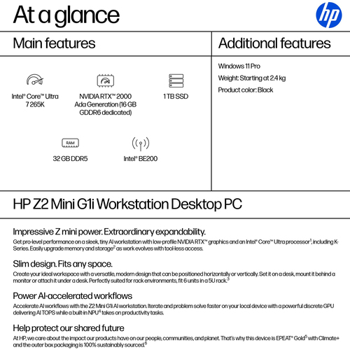 HP Z2 Mini G1i Workstation - Intel Core Ultra 7 265K - 32 GB - 1 TB SSD - Mini-PC - Schwarz - Intel W880 Chip - Windows 11
