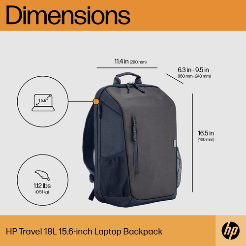HP Travel 18 Liter 15.6 Iron Grey Laptop Backpack. Case type: Backpack, Maximum screen size: 39.6 cm (15.6"). Weight: 510 g