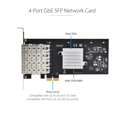 StarTech.com 4-Port GbE SFP Network Card, PCIe 2.0 x2 (x4, x8, x16 Compatible), Intel I350-AM4, Copper/Fiber Optic, Gigabi