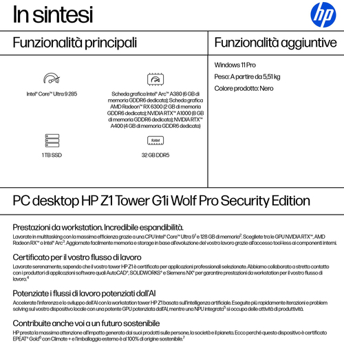 Desktop Computer HP Z1 G1i - Intel Core Ultra 9 285 - 32 GB - 1 TB PCI Express NVMe 4.0 SSD - Tower - Nero - Intel Q870 Ch