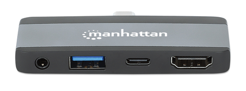 Manhattan USB-C Travel Dock/Hub, Ports (x4): HDMI, USB-A, USB-C and 3.5mm audio, With Power Delivery (100W) to USB-C Port,