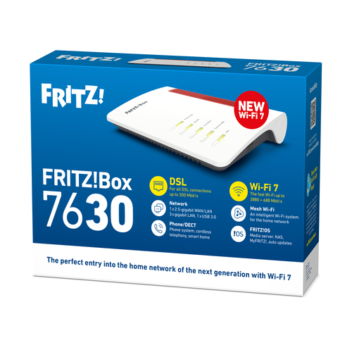Modem/Router wireless FRITZ! FRITZ!Box 7630 - Wi-Fi 7 - Ethernet, Cavo, DSL, ADSL2+ - Dual Band - 2,40 GHz ISM band - 5 GH