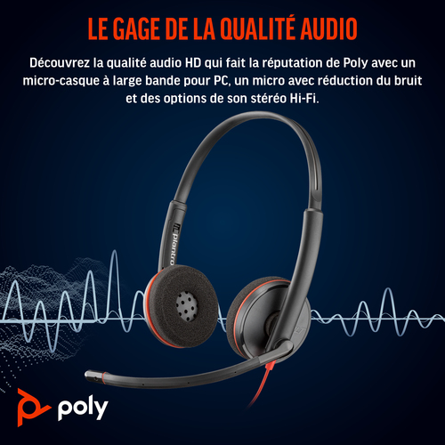 Casque Poly Blackwire 3220 - Filaire - Design Supra-auriculaire, Sur tête - Stéréo - Couleur Noir - Binaural - Supra-aural