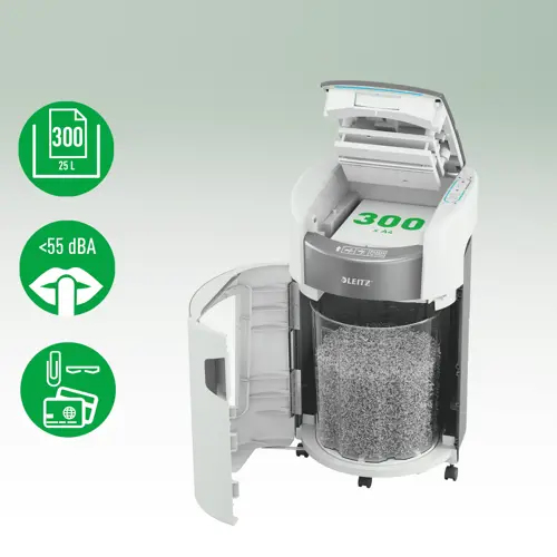 Leitz IQ OptiMax Autofeed Office 300 P5 Micro Cut Paper Shredder. Shredding type: Micro-cut shredding, Working width: 22.5