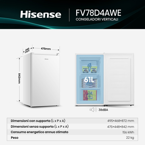 Hisense congelatore verticale FV78D4AWE 61L Classe E Porta Reversibile. Capacità netta congelatore: 61 L, Classe climatica