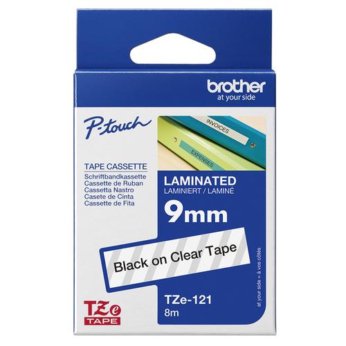 TZE-121 LAMINATED TAPE 9MM 8M BLACK ON CLEAR