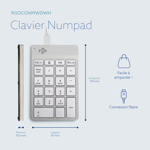 R-Go Tools Numpad Break, clavier numérique - Filaire, Blanc