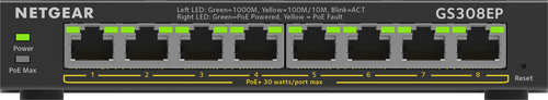 Conmutador Ethernet Netgear  GS308EP 8 Puertos Gestionable - 3 Capa compatible - 62 W Budget PoE - Par trenzado - PoE Ports