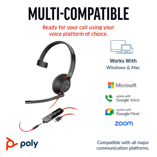 HP Poly Blackwire 5210 Monaural USB-C Headset +3.5mm Plug +USB-C/A Adapter. Product type: Headset. Connectivity technology