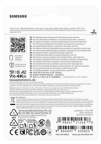 Carte microSDXC Samsung MB-MB256T - 256 Go - Classe 10/UHS-I (U3) - V30 - 170 Mo/s en Lecture