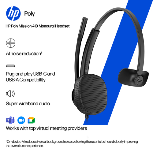 Poly Mission 400 415 Wired Over-the-head, On-ear Mono Headset - Black - Microsoft Teams Certification - Monaural - Supra-a
