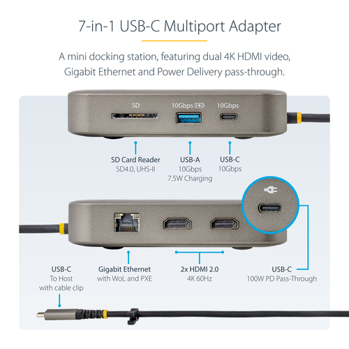 StarTech.com USB C Multiport Adapter, Dual 4K 60Hz HDMI 2.0b, 2x 10Gbps USB Hub, 100W PD Pass-Through, GbE, SD, Mini Dock,