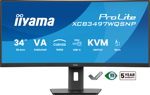 Moniteur LED iiyama ProLite XCB3497WQSNP-B1 34" Classe UWQHD Écran incurvé USB-C Dock. - 21:9 - Noir mat - 86,4 cm (34") V