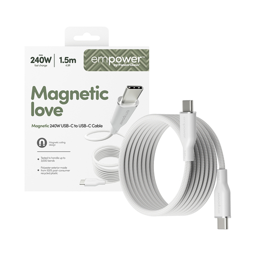 PanzerGlass empower™ by ® Magnetic 240W USB-C to USB-C Cable | USB 2.0 | 1.5M | Silver White. Product colour: White