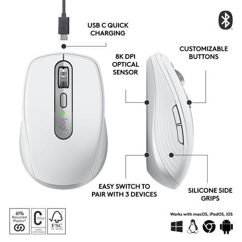 Logitech MX Anywhere 3S Mouse - Bluetooth - USB Type C - Optical/Darkfield - 6 Button(s) - Pale Gray - Wireless - 8000 dpi