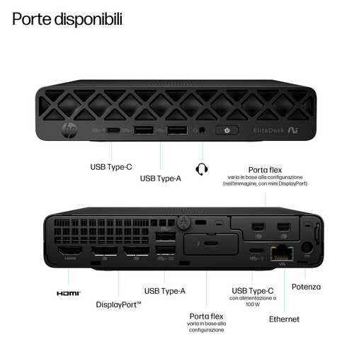 HP EliteDesk 8 Mini G1a Desktop Next Gen AI PC Wolf Pro Security Edition. Modello del processore: 350. Memoria Interna: 16