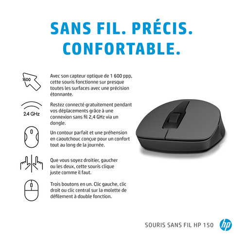 HP 150 Wireless Mouse. Form factor: Ambidextrous. Movement detection technology: Optical, Device interface: RF Wireless, M