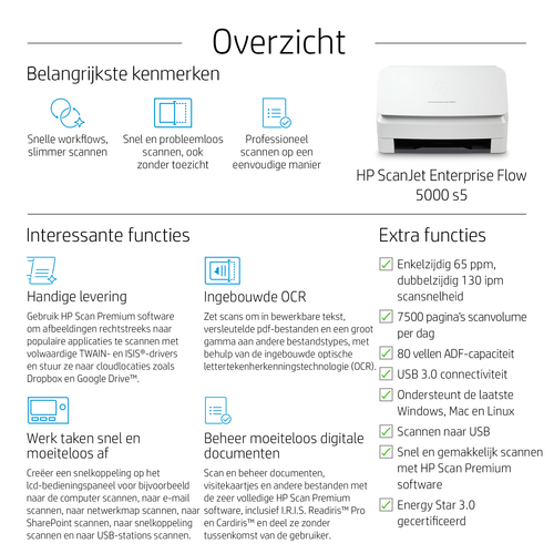 HP Scanjet Enterprise Flow 5000 s5. Maximum scan size: 216 x 3100 mm, Optical scanning resolution: 600 x 600 DPI. Scanner 