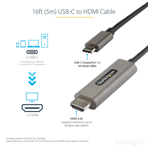 StarTech.com 16ft (5m) USB C to HDMI Cable 4K 60Hz with HDR10, Ultra HD USB Type-C to HDMI 2.0b Video Adapter Cable, DP 1.
