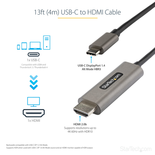 StarTech.com 13ft (4m) USB C to HDMI Cable 4K 60Hz with HDR10, Ultra HD USB Type-C to HDMI 2.0b Video Adapter Cable, DP 1.