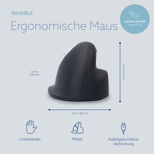 R-Go Tools Ergonomische Maus R-Go HE Break mit Pausensoftware, medium (Handlänge 165-185mm), Linkshänder, verkabelt, schwa