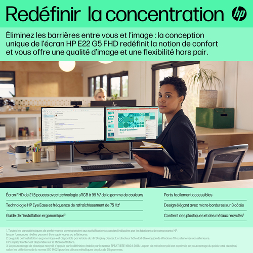 HP E-Series E22 G5 FHD Monitor. Display diagonal: 54.6 cm (21.5"), Display resolution: 1920 x 1080 pixels, HD type: Full H