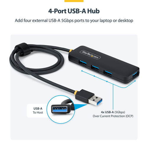 StarTech.com 4-Port USB-A Hub, 5Gbps, Bus Powered, USB-A to 4x USB-A Mini Hub, Extra Long 2ft/61cm Host Cable, 70% PCR Pla