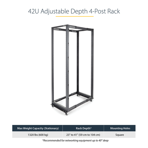 StarTech.com 42U Adjustable Depth Open Frame 4 Post Server Rack Cabinet - Flat Pack w/ Casters, Levelers and Cable Managem
