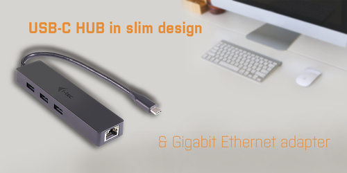 i-tec Advance USB-C Slim Passive HUB 3 Port + Gigabit Ethernet Adapter. Product colour: Black, LED indicators: LAN, Chipse