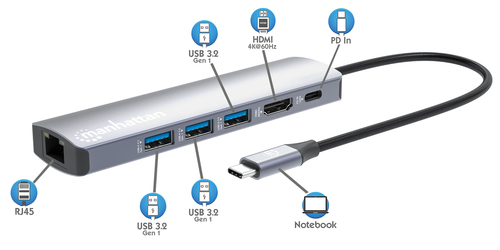 Manhattan USB Type C Docking Station for Notebook, Tablet, Monitor, Smartphone, Flash Drive, Mouse, Keyboard - Charging Ca