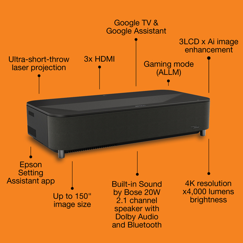 Epson Lifestudio Grand Plus EH-LS970B - Metallic black. Projector brightness: 4000 ANSI lumens, Projection technology: 3LC