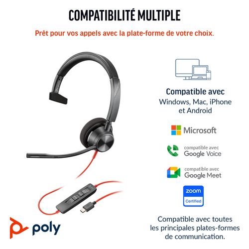 HP Poly Blackwire 3310 Monaural Microsoft Teams Certified USB-C Headset +USB-C/A Adapter. Product type: Headset. Connectiv