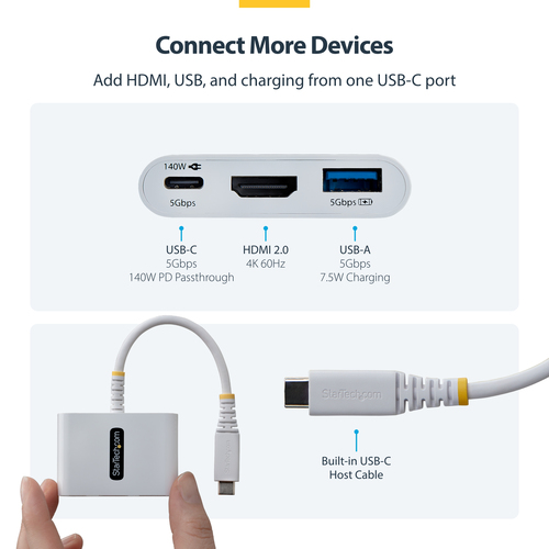 StarTech.com Adaptateur Multiport USB-C vers HDMI avec Charge PD 140W, HDMI 4K 60Hz, Hub USB 5 Gbps, Power Delivery 3.2, M