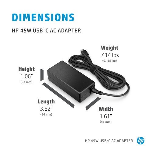 HP 45W USB-C AC Adapter. Purpose: Laptop, Power supply type: Indoor, Output power: 45 W. DC output voltage: 15V. Connector