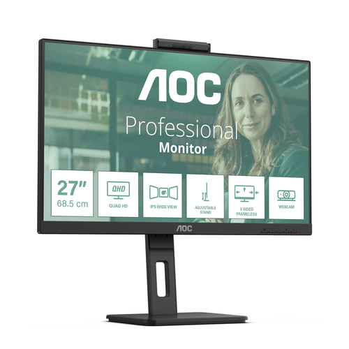 AOC Q27P3QW 27" Class Webcam WQHD Monitor LCD - 16:9 - preto texturizado - 68,6 cm (27") Viewable - Tecnologia IPS (In-pla