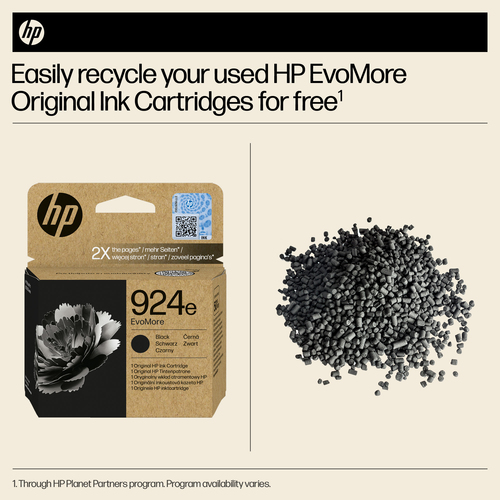 HP 924e EvoMore Black Original Ink Cartridge. Cartridge capacity: High (XL) Yield, Supply type: Single pack, Printing colo