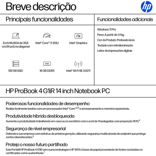 HP ProBook 4 G1iR 35,6 cm (14") Notebook - WUXGA - 60 Hz - Intel Core 5 120U - 16 GB - 512 GB SSD - Intel Chip - 1920 x 12